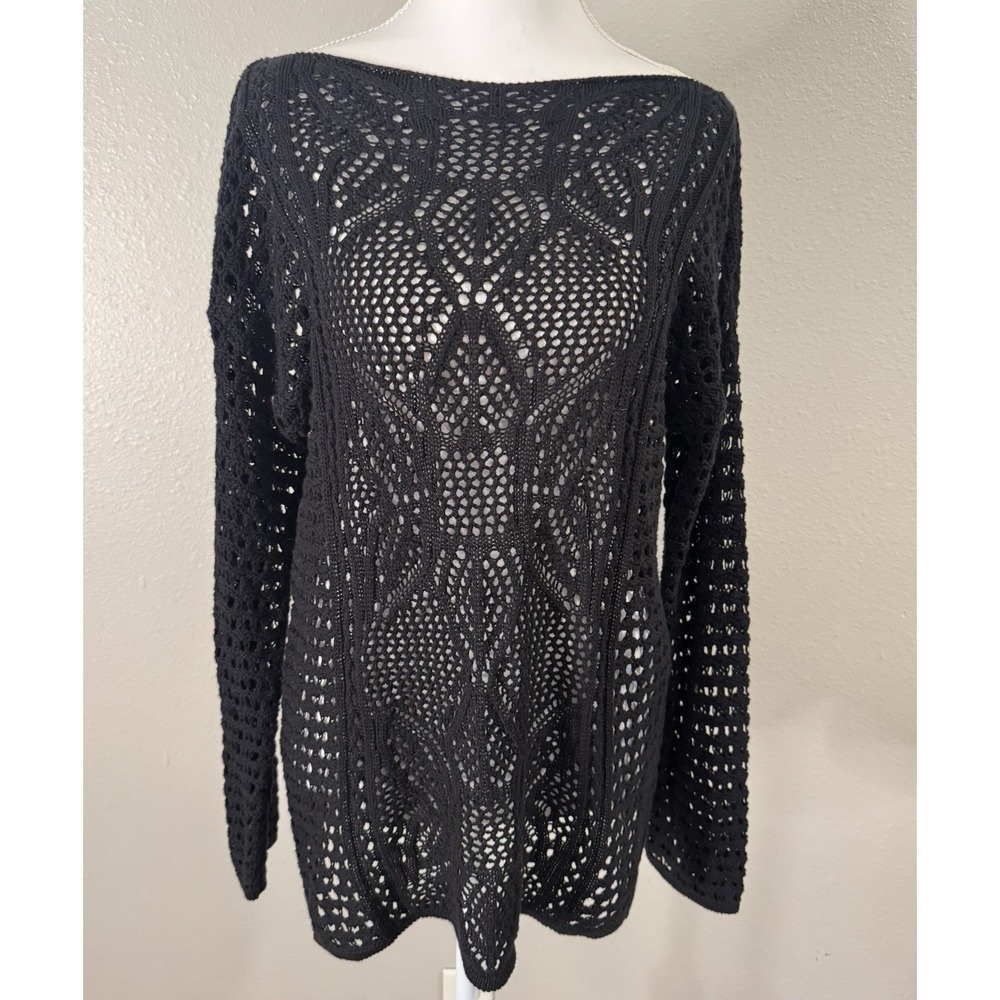 Vintage Jeanne Pierre Black Cotton Open Knit Crochet Sweater Top Whimsigoth L